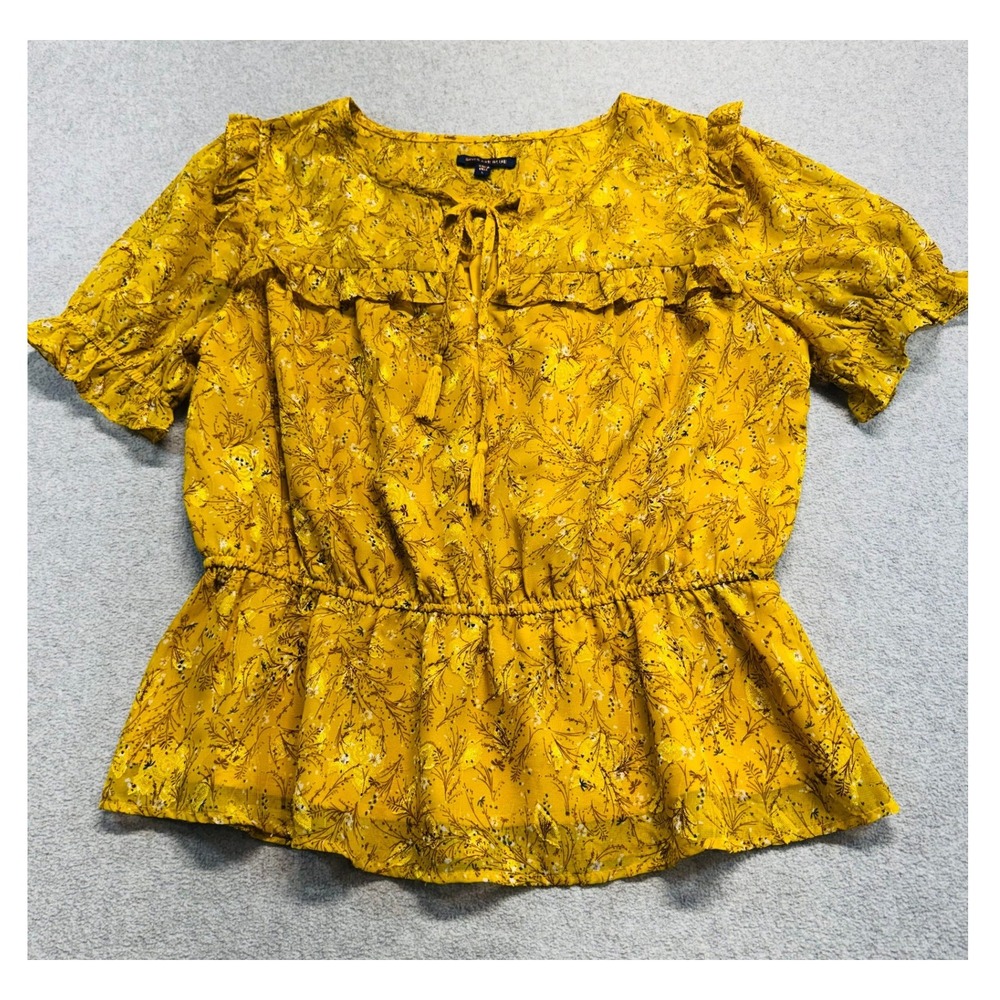 Skies Are Blue Peplum Blouse Womens L Yellow Floral Ruffle Tassel Boho Top Flowy